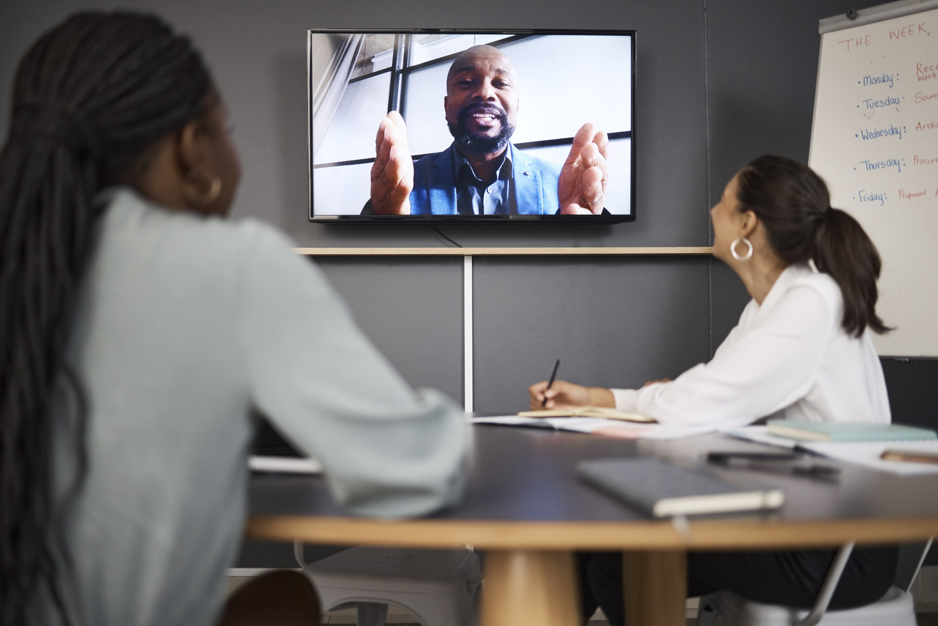 business people video conference teamwork with planning online meeting communication group employees leader with feedback screen brainstorming project virtual chatting