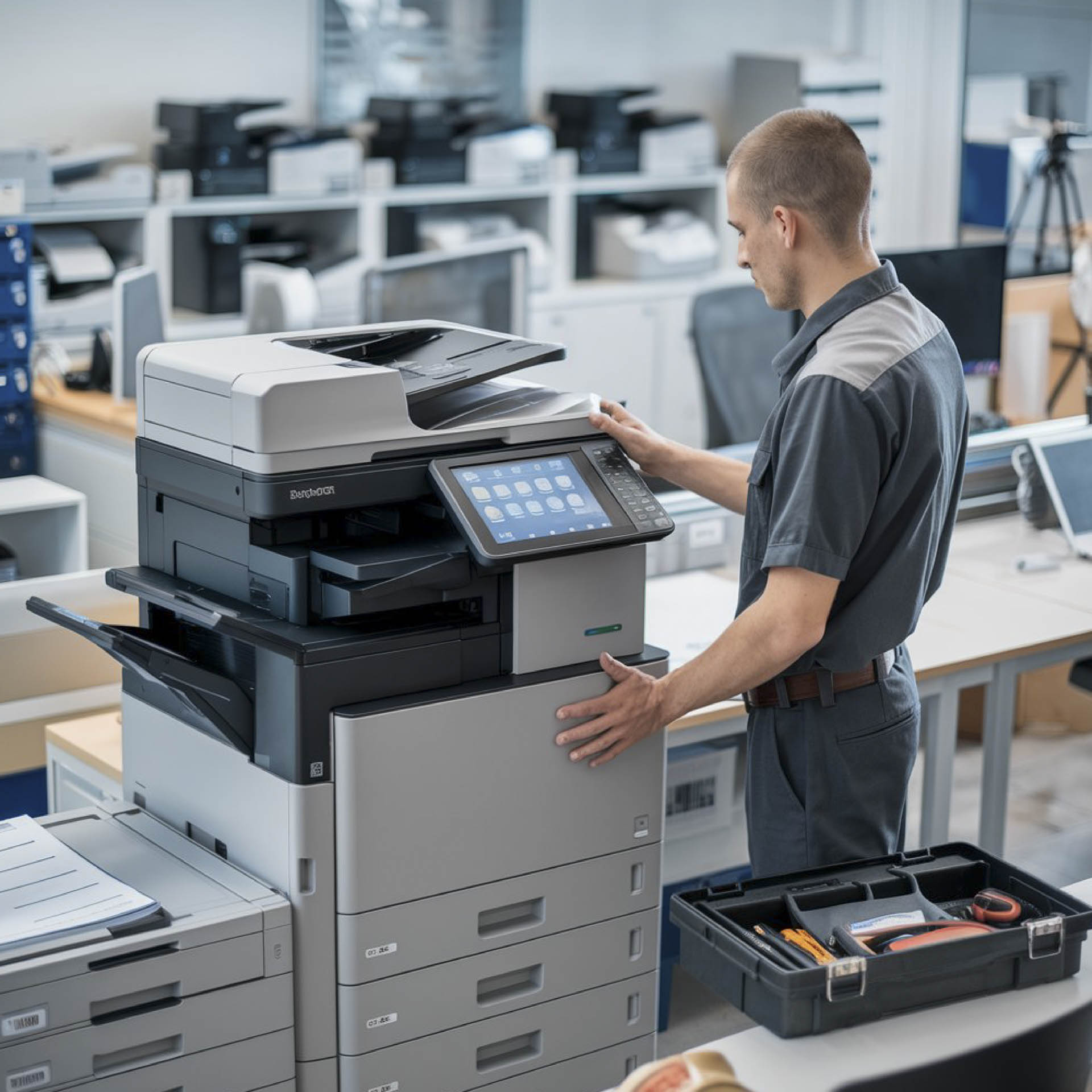 man is working printer with picture man front him