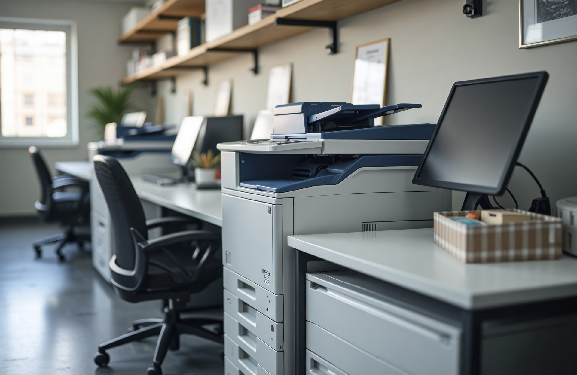 modern office printing room multifunction photocopiers printers placed desks white desks