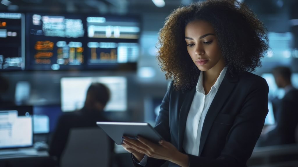 Cybersecurity 3 professional woman using tablet hightech office environment