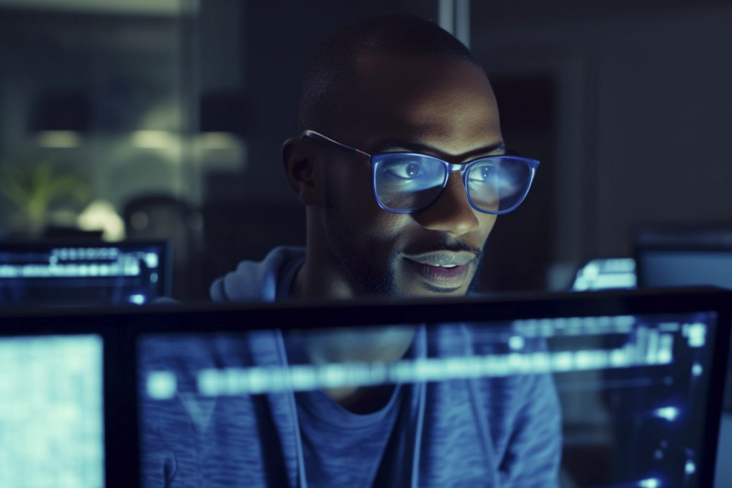 programmer black man code reflection glasses cyber security hacking workplace afric