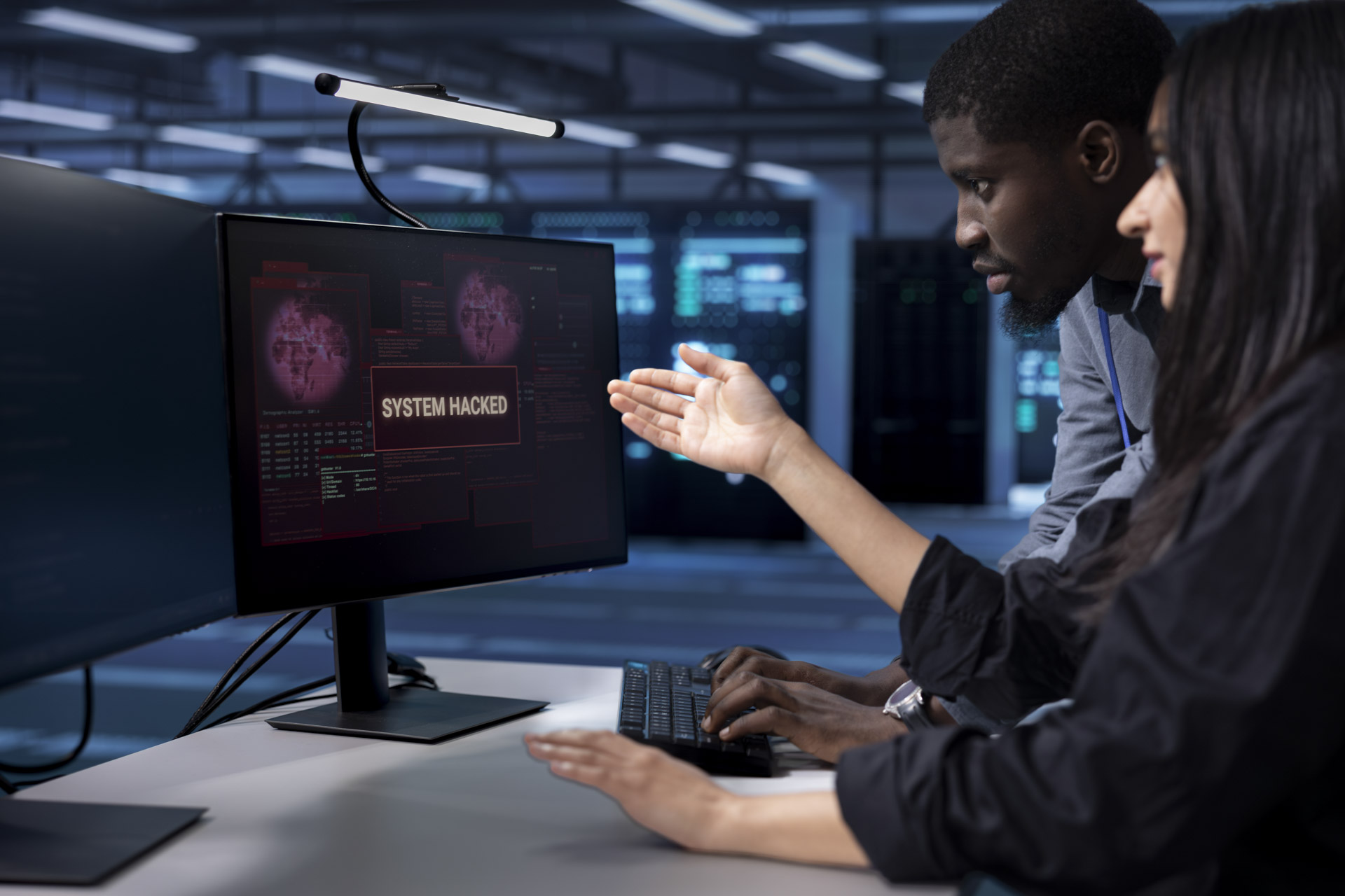 programmers doing teamwork server hub trying protect hardware from hacker